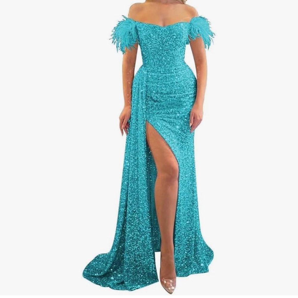 Amazon Blue Sequin Off-Shoulder Gown with Slit